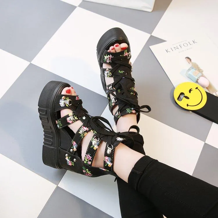 Women's peep toe thick platform wedge front lace sandals