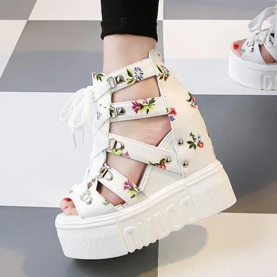 Women's peep toe thick platform wedge front lace sandals