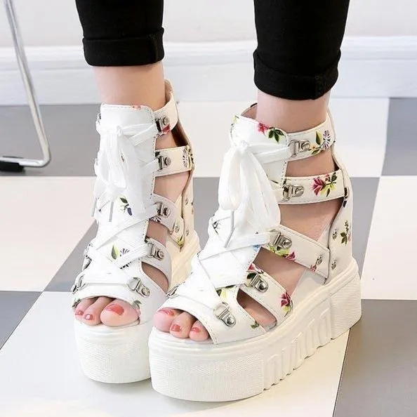 Women's peep toe thick platform wedge front lace sandals