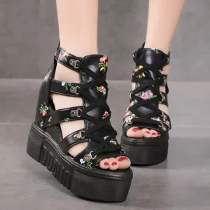 Women's peep toe thick platform wedge front lace sandals