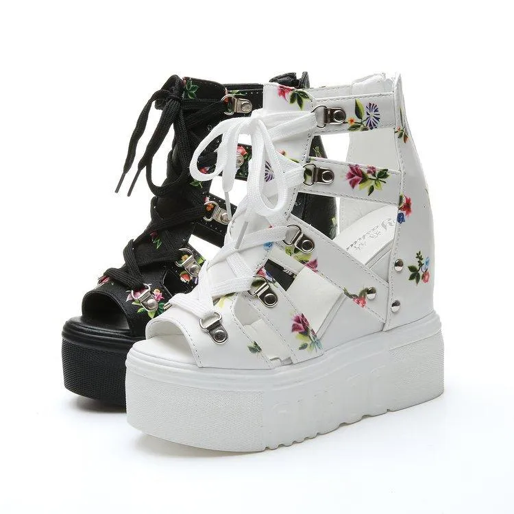 Women's peep toe thick platform wedge front lace sandals