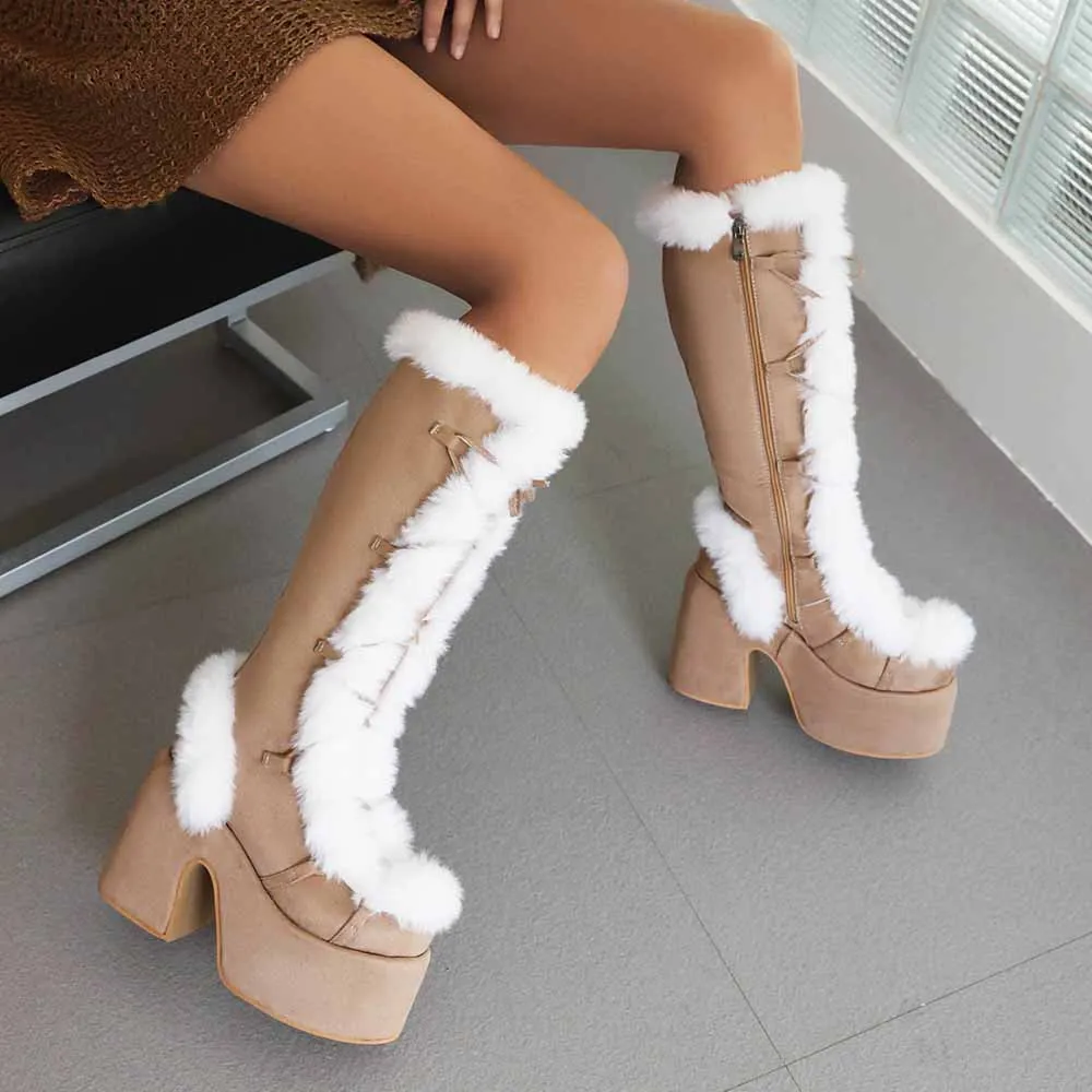 Women's platform snow boots in White,Black,Khaki,Brown Color Fur Boots