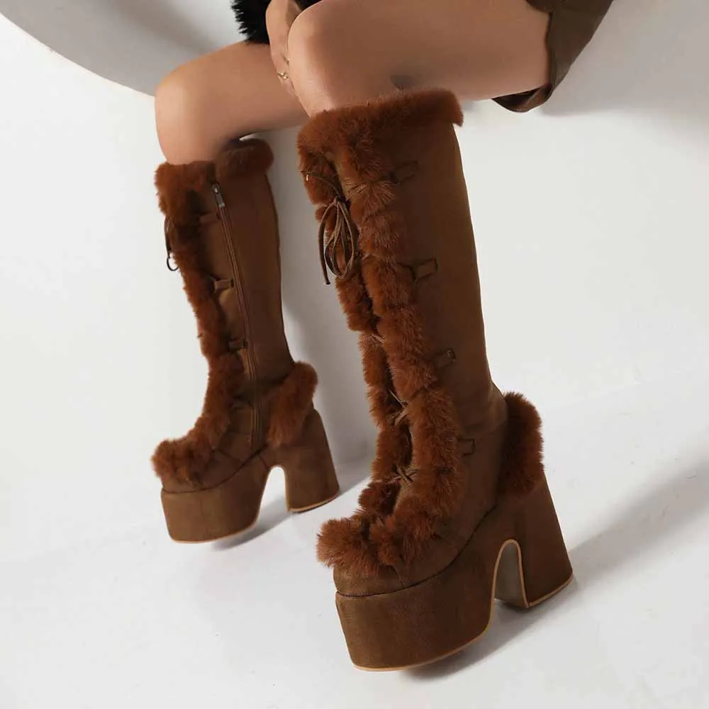 Women's platform snow boots in White,Black,Khaki,Brown Color Fur Boots