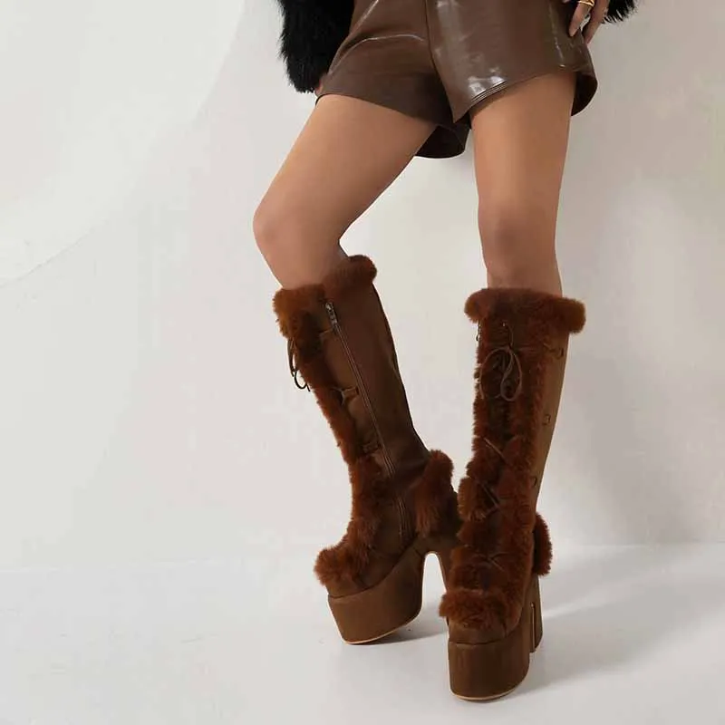 Women's platform snow boots in White,Black,Khaki,Brown Color Fur Boots