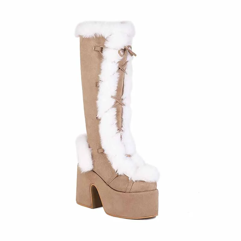 Women's platform snow boots in White,Black,Khaki,Brown Color Fur Boots