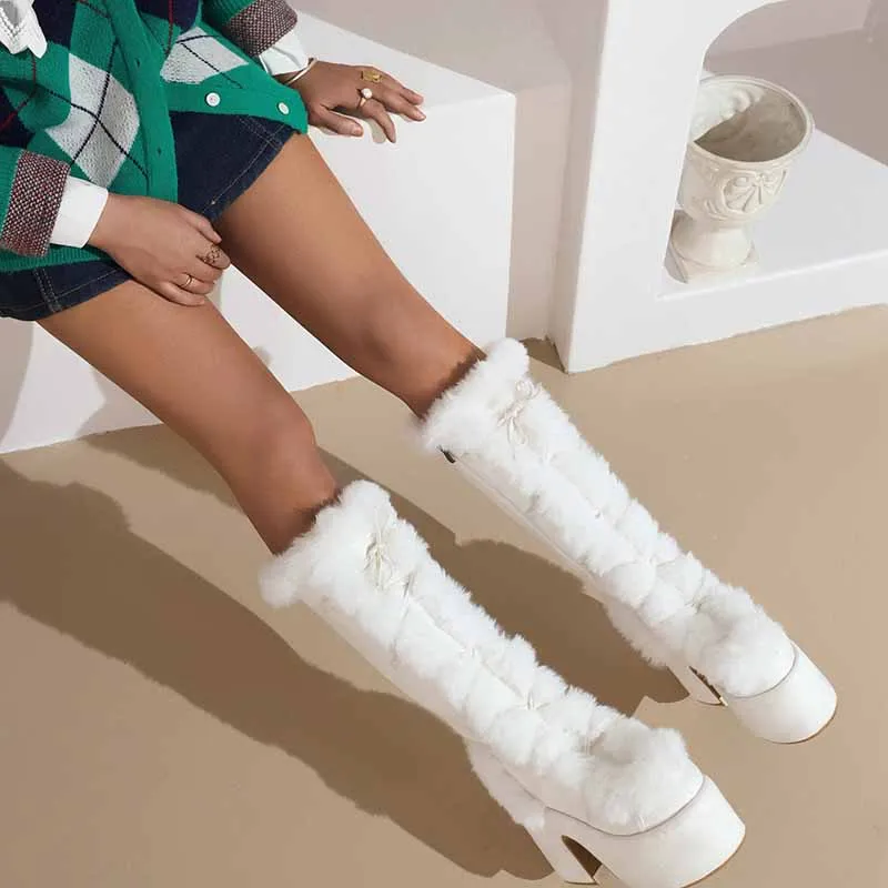 Women's platform snow boots in White,Black,Khaki,Brown Color Fur Boots
