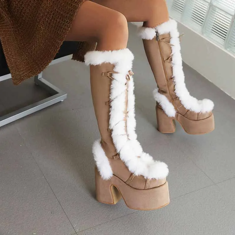 Women's platform snow boots in White,Black,Khaki,Brown Color Fur Boots