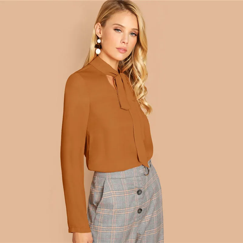 Women's Spring Long-Sleeved Polyester Shirt With Tie Neck