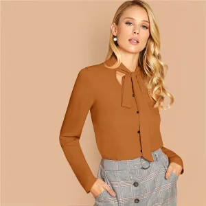 Women's Spring Long-Sleeved Polyester Shirt With Tie Neck