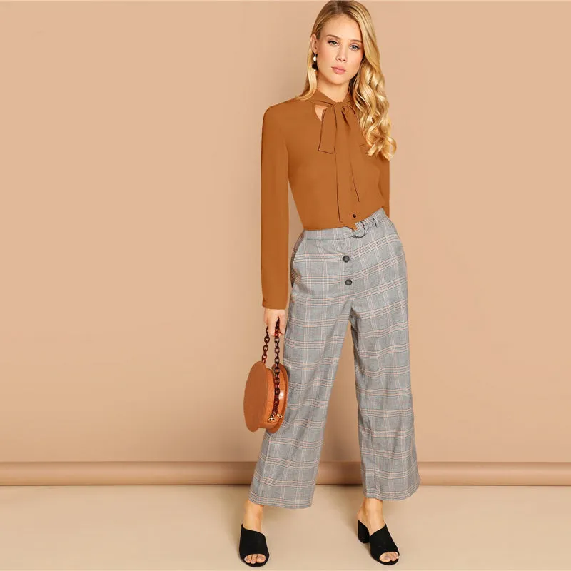 Women's Spring Long-Sleeved Polyester Shirt With Tie Neck