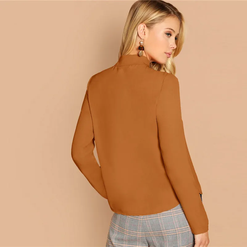 Women's Spring Long-Sleeved Polyester Shirt With Tie Neck