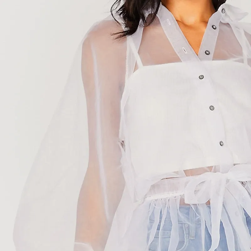 Women's Summer Polyester Long-Sleeved Shirt With Ruffles