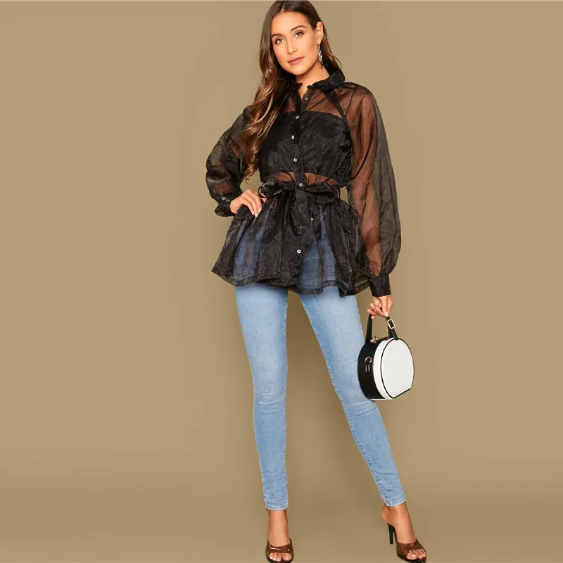 Women's Summer Polyester Long-Sleeved Shirt With Ruffles