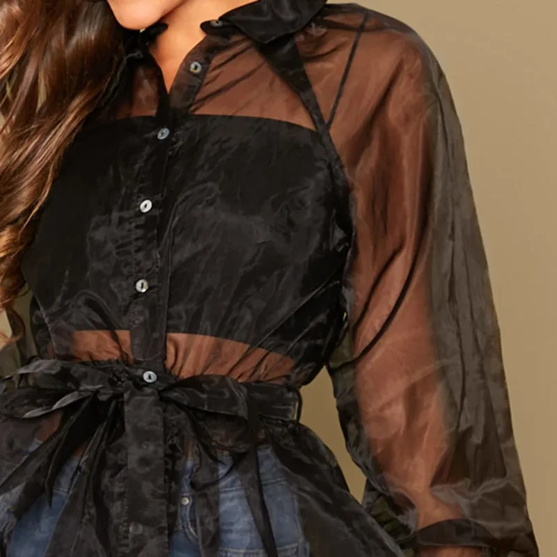 Women's Summer Polyester Long-Sleeved Shirt With Ruffles