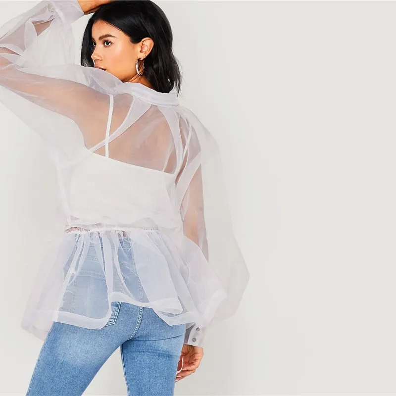 Women's Summer Polyester Long-Sleeved Shirt With Ruffles