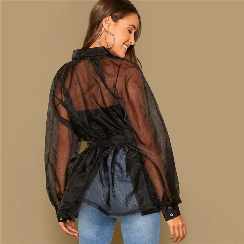 Women's Summer Polyester Long-Sleeved Shirt With Ruffles