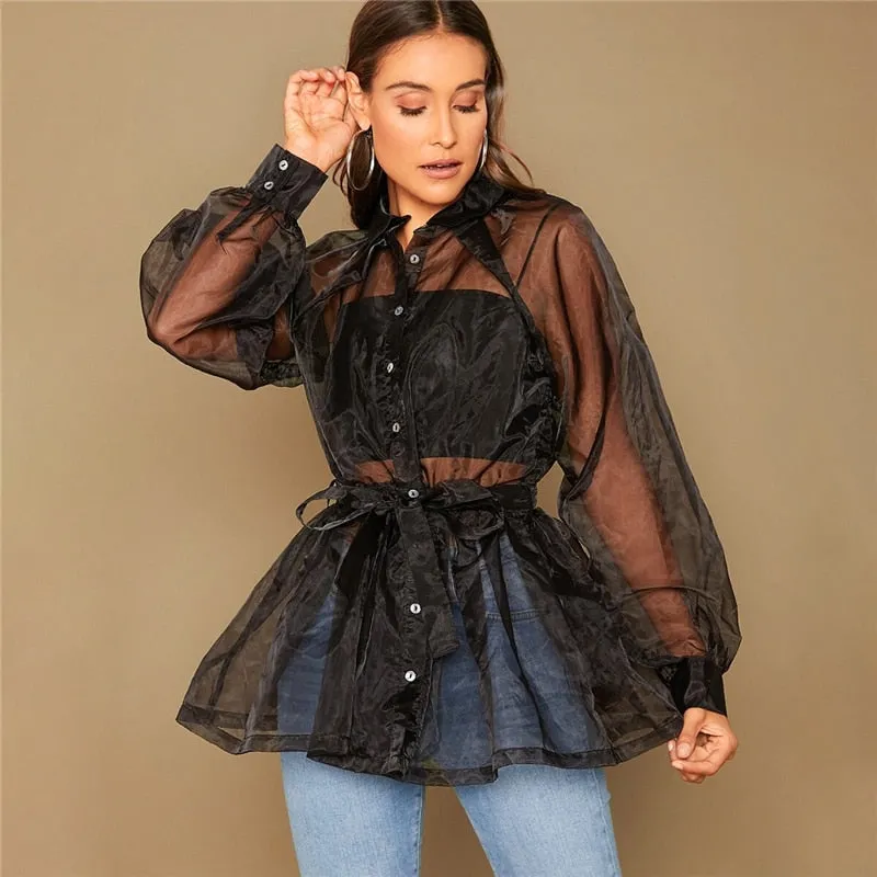 Women's Summer Polyester Long-Sleeved Shirt With Ruffles