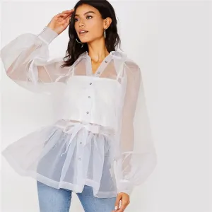 Women's Summer Polyester Long-Sleeved Shirt With Ruffles