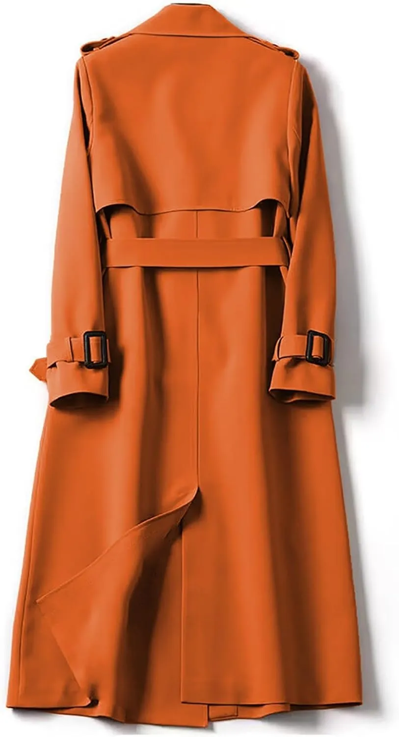 Women's Trench Coat Long Double Breasted Jacket Classic Elegant Windproof Lapel Overcoat with Belt Fall Winter Outwear