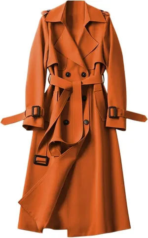 Women's Trench Coat Long Double Breasted Jacket Classic Elegant Windproof Lapel Overcoat with Belt Fall Winter Outwear