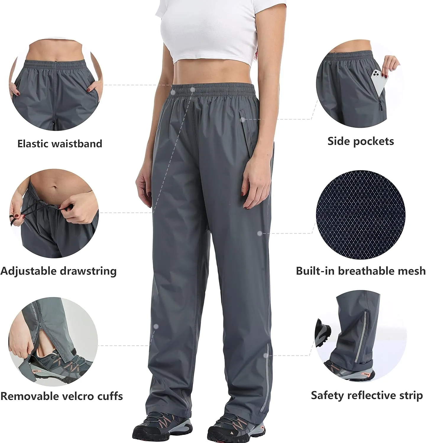 Women's Waterproof, Reflective Windproof Rain Pants - Golf, Motorcycle, Hiking, Outdoor
