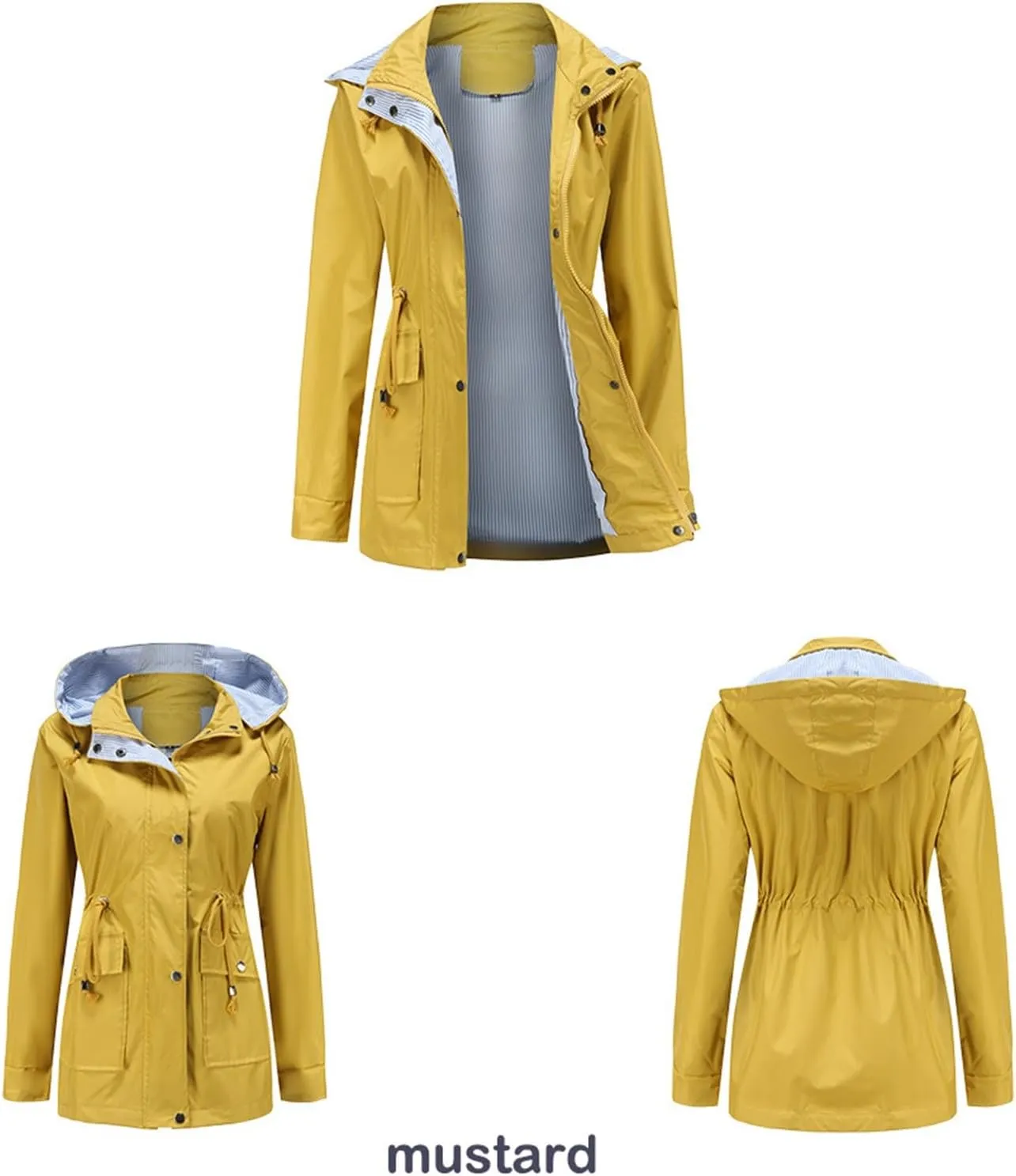 Womens Windproof Trench Coats with Detachable Hooded Outdoor Jackets Striped Lined Zip Drawstring Waist Travel Jacket