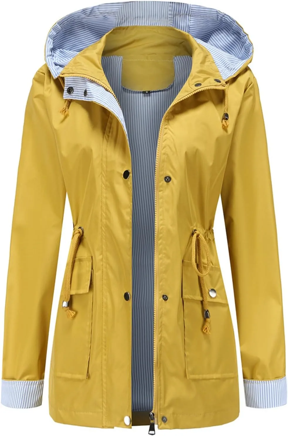 Womens Windproof Trench Coats with Detachable Hooded Outdoor Jackets Striped Lined Zip Drawstring Waist Travel Jacket