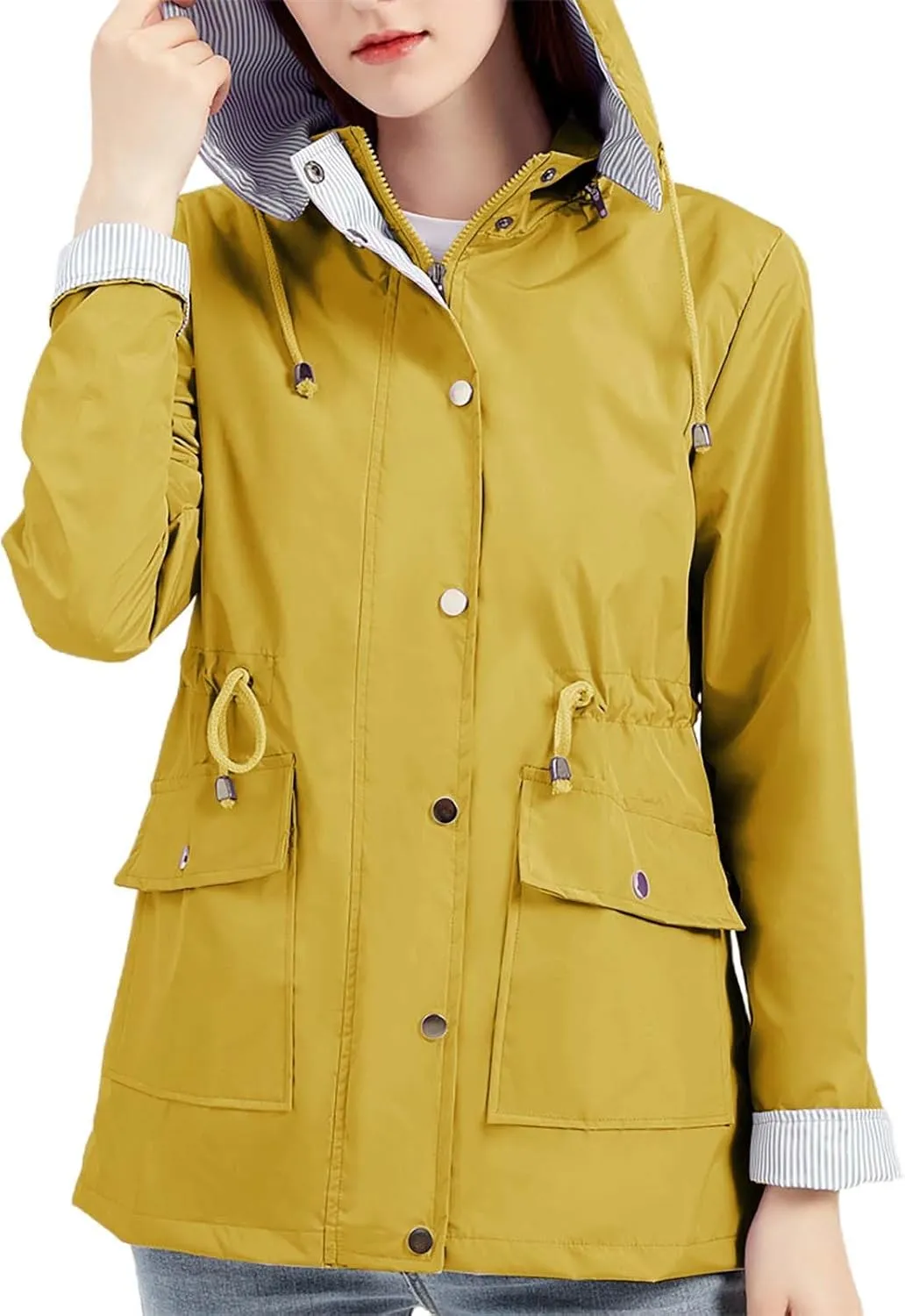 Womens Windproof Trench Coats with Detachable Hooded Outdoor Jackets Striped Lined Zip Drawstring Waist Travel Jacket