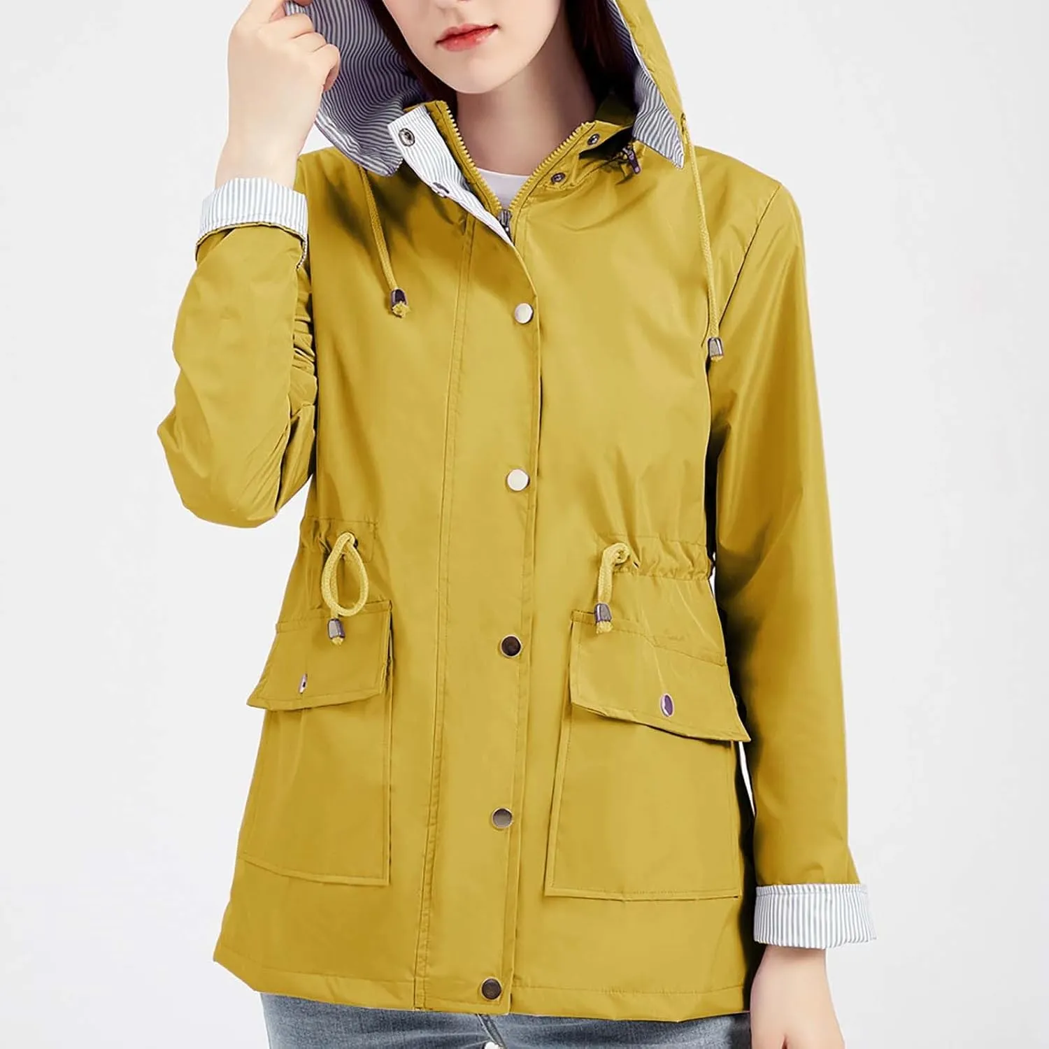 Womens Windproof Trench Coats with Detachable Hooded Outdoor Jackets Striped Lined Zip Drawstring Waist Travel Jacket