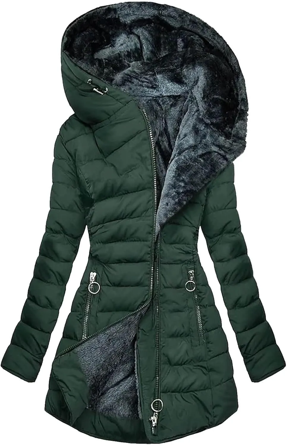 Womens Winter Coat, Fleece Lined Puffer Jacket Solid Zip Up Jacket with Fur Hood Thicken Warm Winter Coat with Pocket
