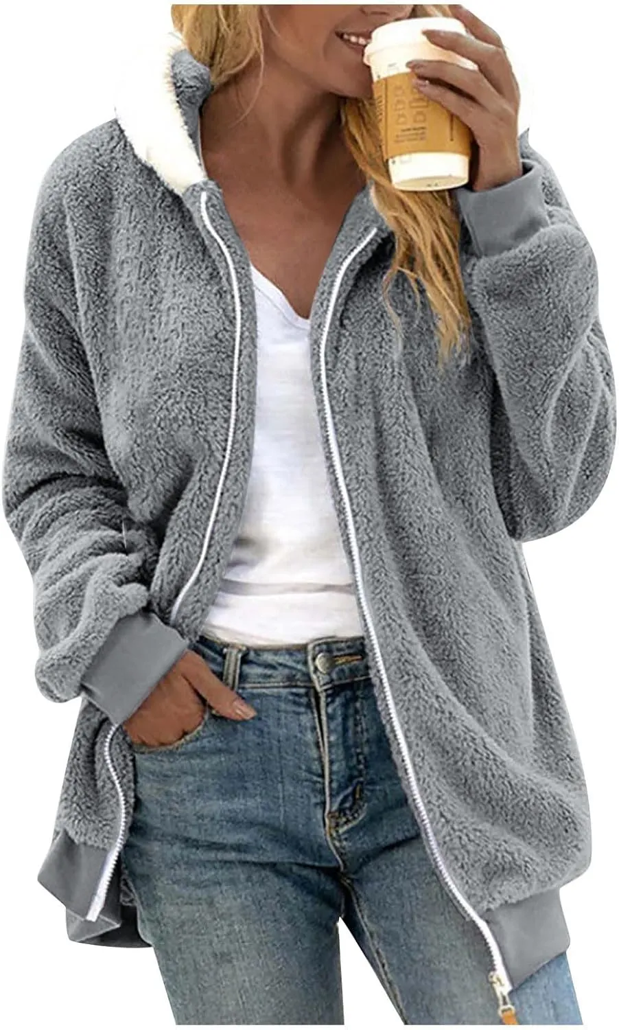 Women's Winter Coats Flannel Jacket Plus Size Hoodies Fleece Lined Jacket Zip Up Fur Cardigan Fleece Jackets for Women