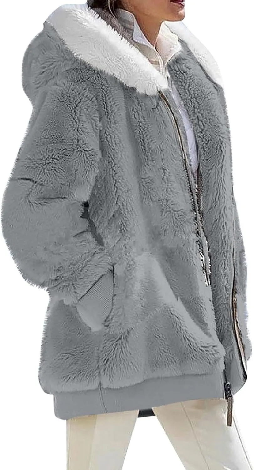 Women's Winter Coats Flannel Jacket Plus Size Hoodies Fleece Lined Jacket Zip Up Fur Cardigan Fleece Jackets for Women