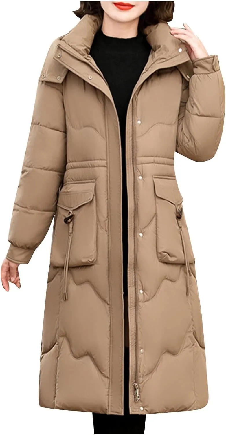 Women's Winter Long Down Parka Jackets Warm Thickened Hooded Maxi Quilted Puffer Coat Full Zip Outerwear with Pockets