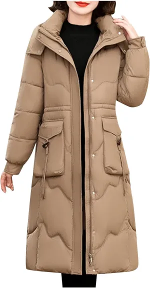 Women's Winter Long Down Parka Jackets Warm Thickened Hooded Maxi Quilted Puffer Coat Full Zip Outerwear with Pockets