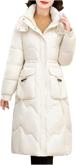 Women's Winter Long Down Parka Jackets Warm Thickened Hooded Maxi Quilted Puffer Coat Full Zip Outerwear with Pockets