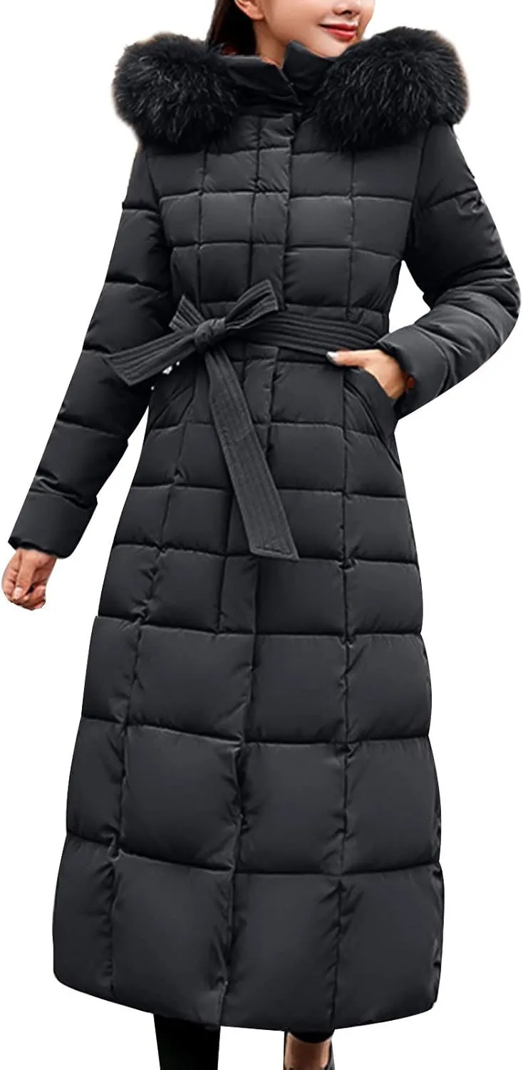 Womens Winter Outdoor Commuting Solid Long Puffer Coats with Belt Hooded Quilted Down Jackets Thicken Warm Slim Outwear