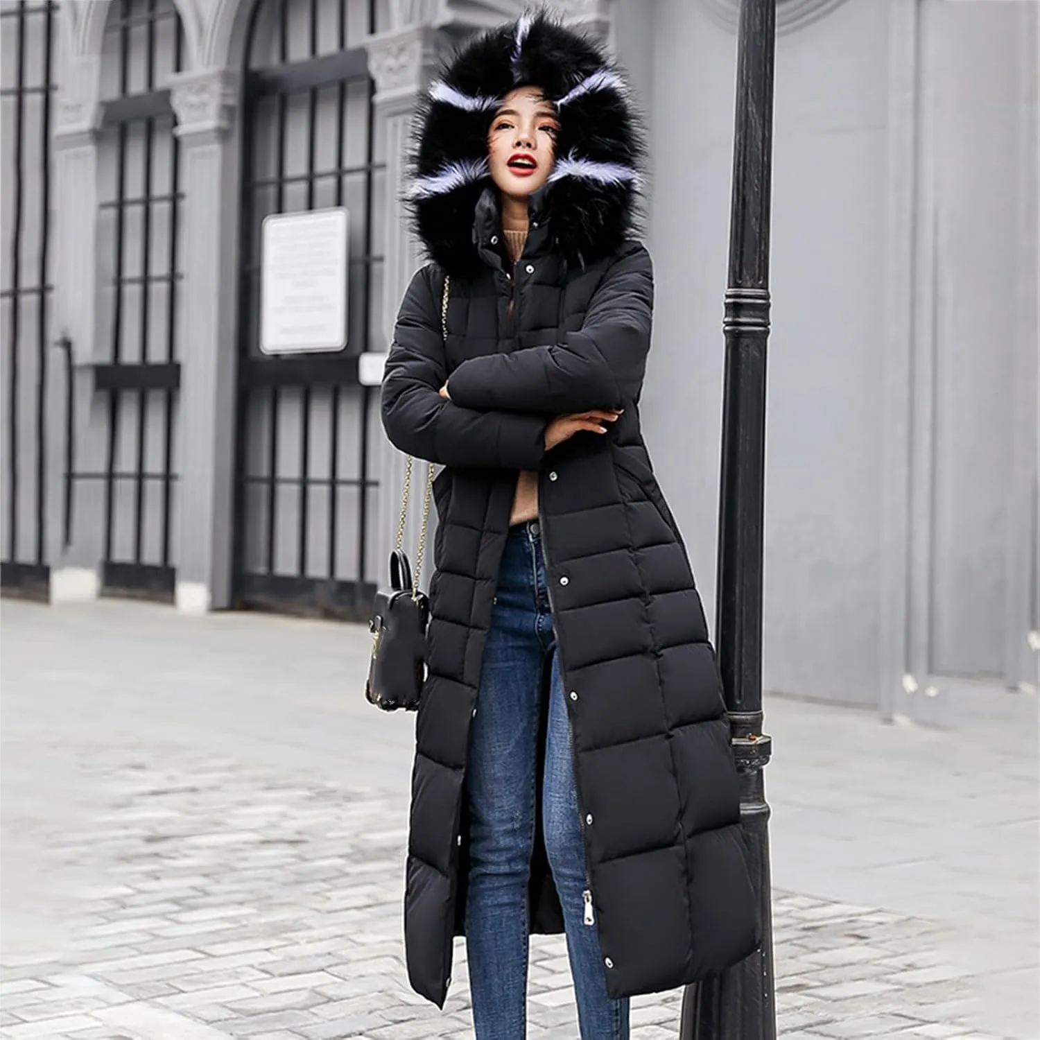 Womens Winter Outdoor Commuting Solid Long Puffer Coats with Belt Hooded Quilted Down Jackets Thicken Warm Slim Outwear