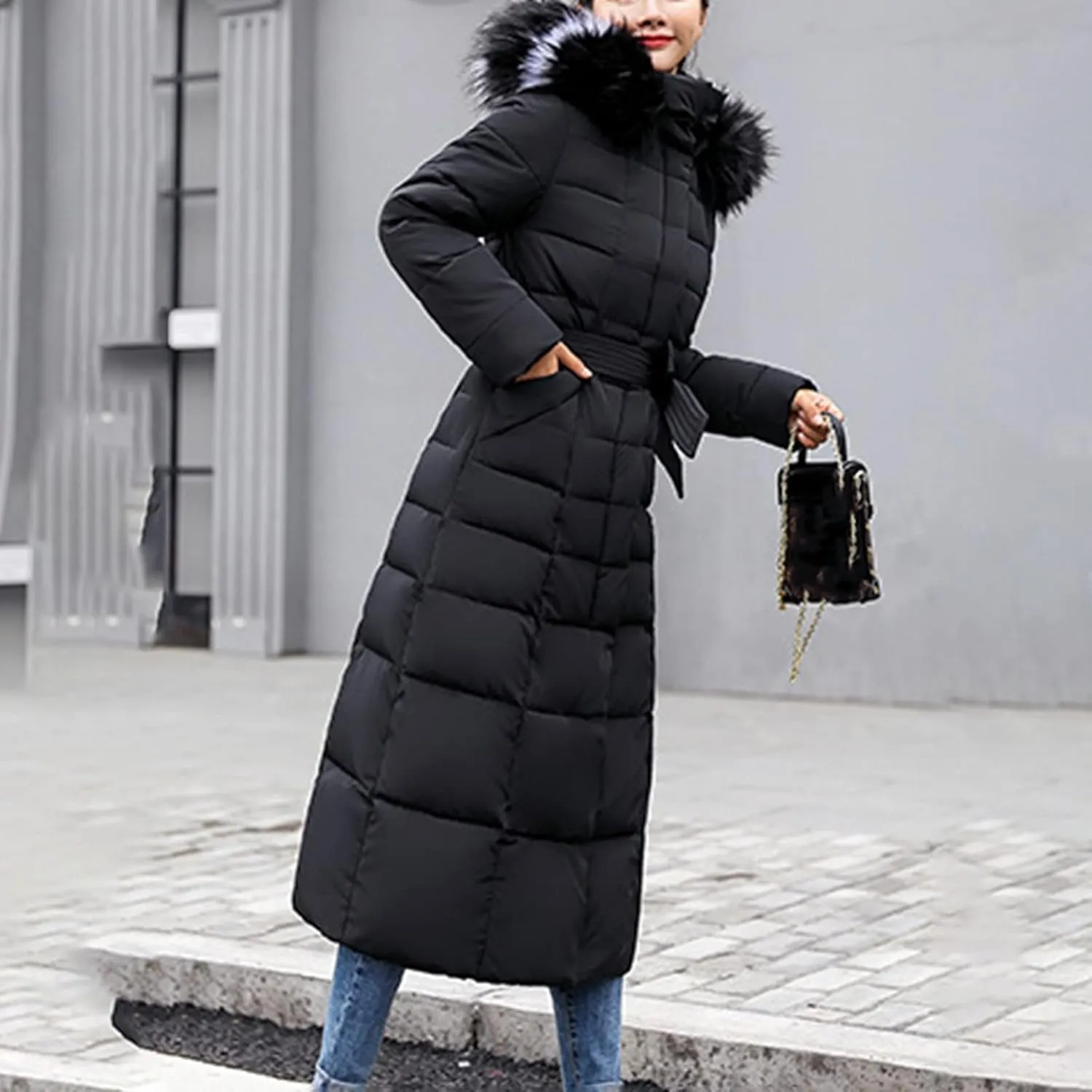 Womens Winter Outdoor Commuting Solid Long Puffer Coats with Belt Hooded Quilted Down Jackets Thicken Warm Slim Outwear