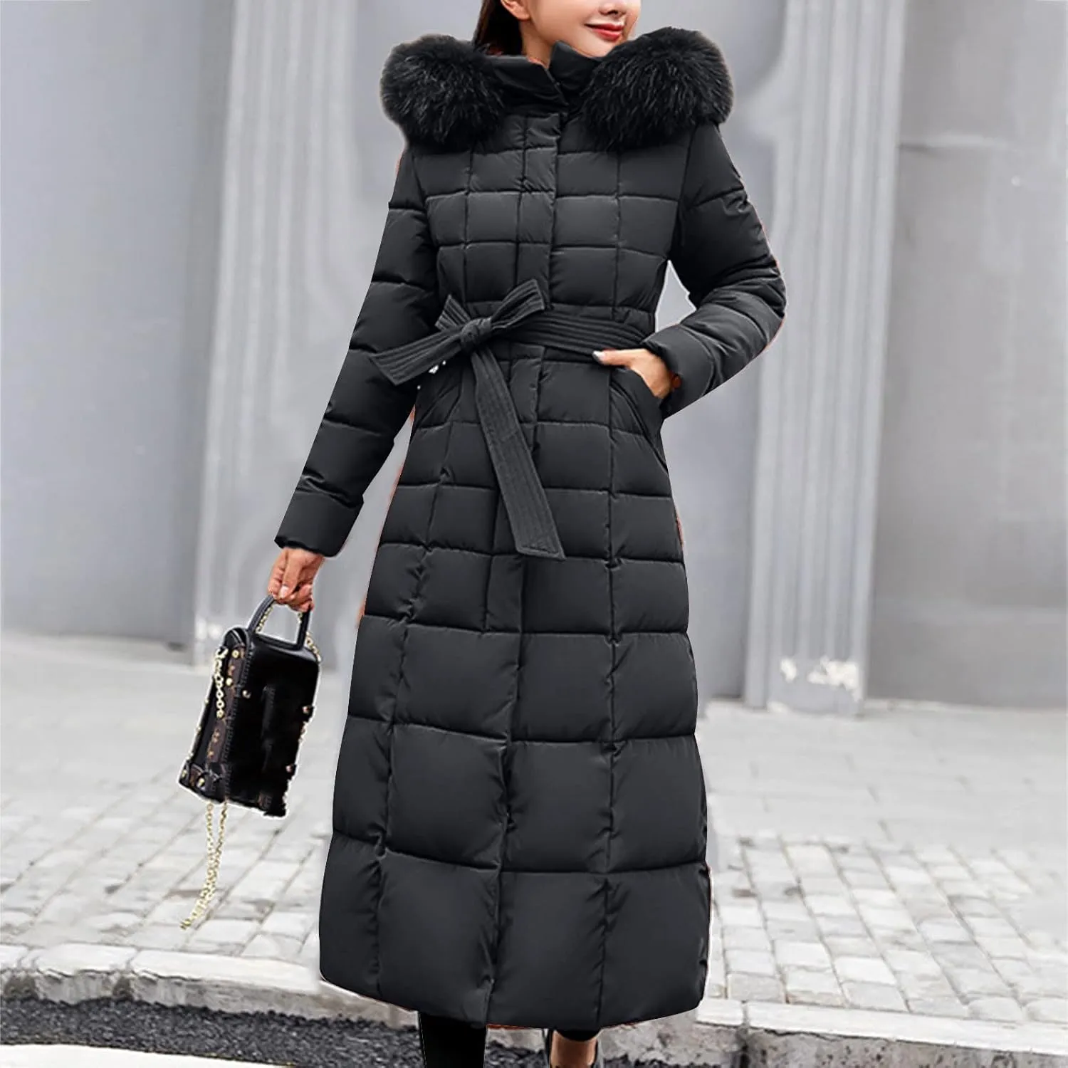 Womens Winter Outdoor Commuting Solid Long Puffer Coats with Belt Hooded Quilted Down Jackets Thicken Warm Slim Outwear