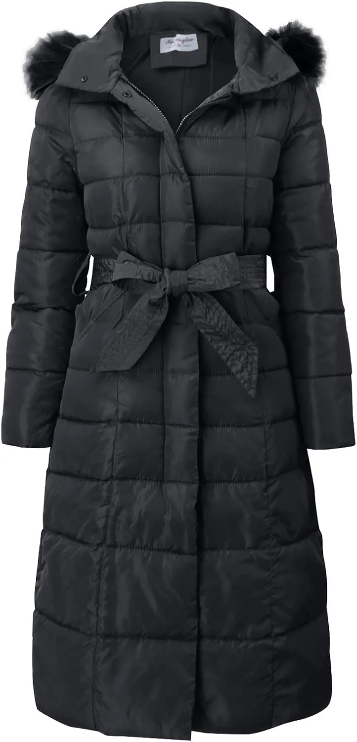 Womens Winter Outdoor Commuting Solid Long Puffer Coats with Belt Hooded Quilted Down Jackets Thicken Warm Slim Outwear