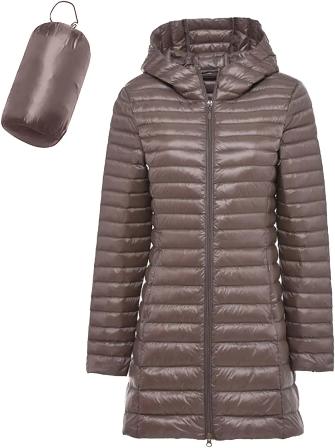Womens Winter Thicken Warm Fitted Long Puffer Coat Daily Work Outdoor Quilted Down Coat Long Sleeve Hooded Zip Outwear