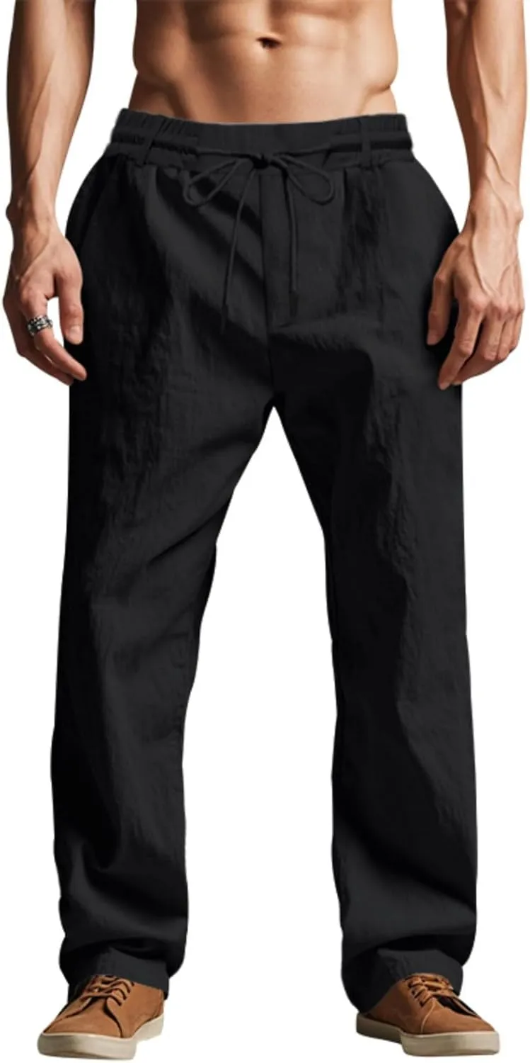 Xiaojmake Men’s Cotton Linen Pants Summer Elastic Waist Drawstring Baggy Trousers Loose Fit Beach Long Pant with Pockets