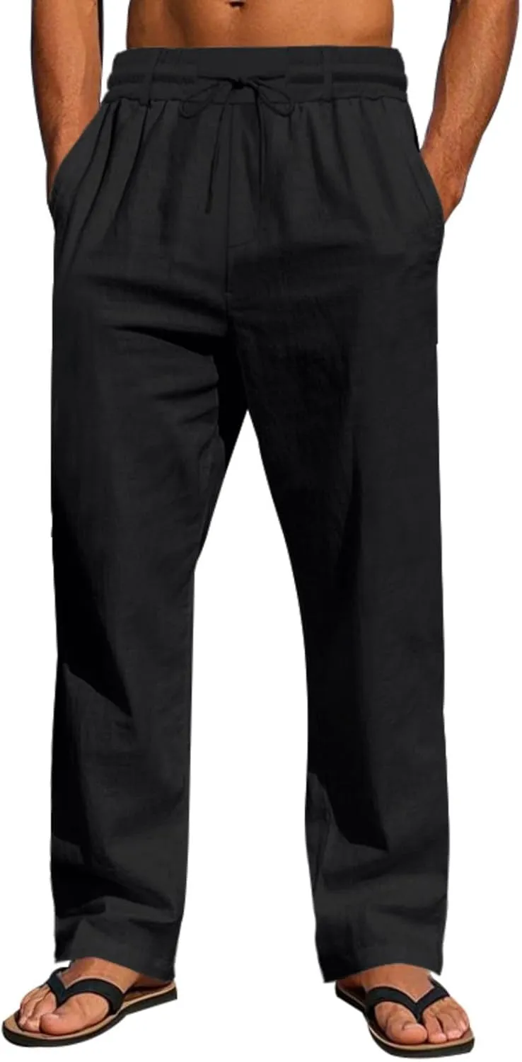 Xiaojmake Men’s Cotton Linen Pants Summer Elastic Waist Drawstring Baggy Trousers Loose Fit Beach Long Pant with Pockets