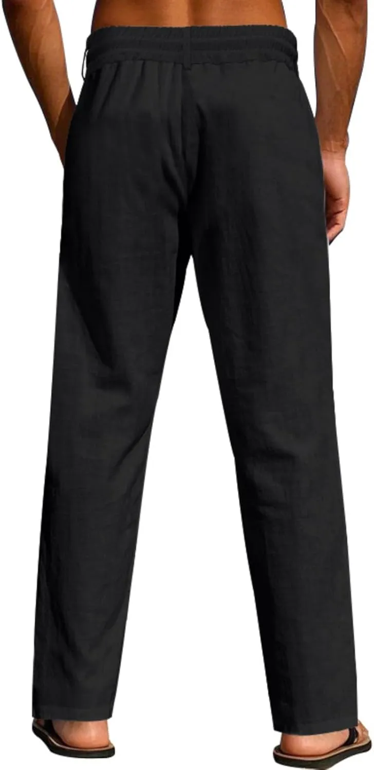Xiaojmake Men’s Cotton Linen Pants Summer Elastic Waist Drawstring Baggy Trousers Loose Fit Beach Long Pant with Pockets