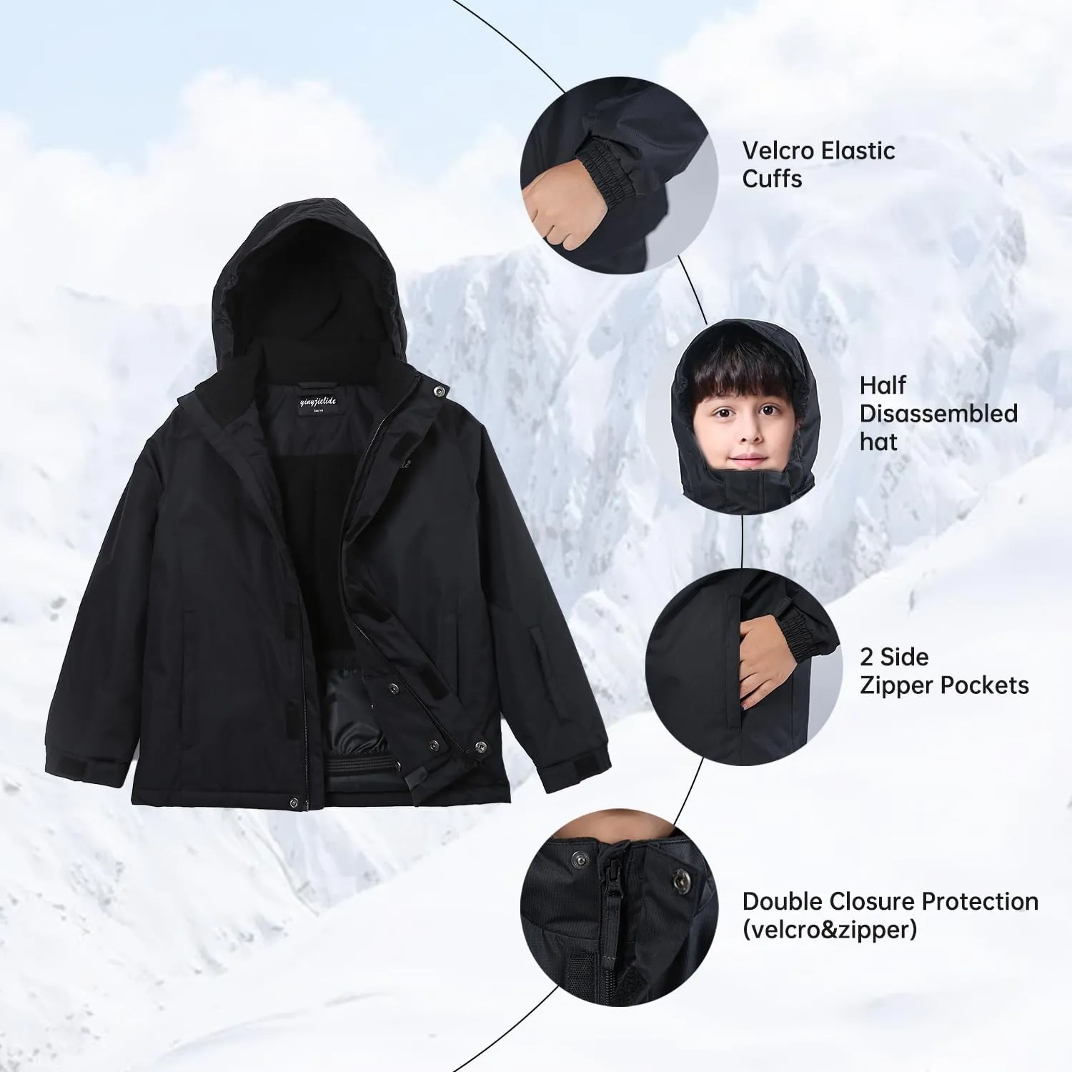 YINGJIELIDE Boy's Waterproof Ski Jacket,Kids Outdoor Snowboarding windproof Jacket,Fleece Lined Hooded,Warm Winter Snow Coat