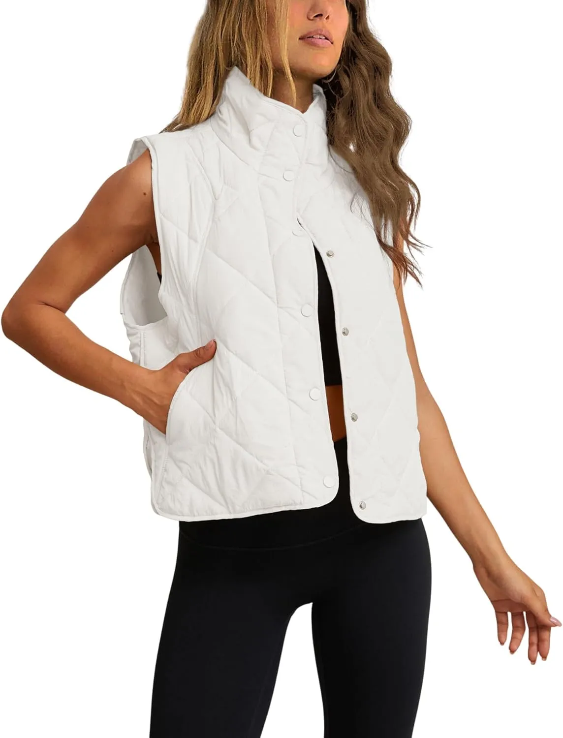 Zhiyouni Women's Quilted Puffer Vest Stand Collar Lightweight Button Down Padded Gilet with Pockets